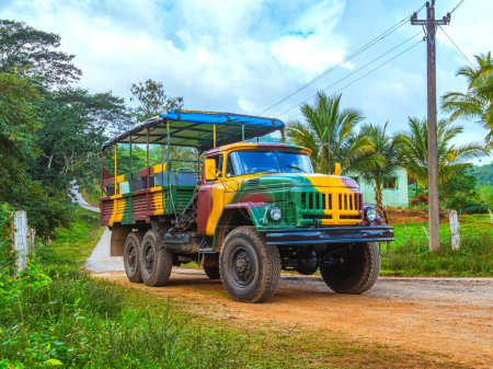 Guanayara National Park, Trinidad, Cuba. Soviet truck adapted for tourist trips through the mountains of Cuba in Guanayara Park. Military camouflage ZIL truck. Tourist routes in Guanayara Park