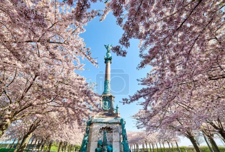 Photo for Blooming pink tree branches full of flowers surround the angelic statue for the fallen in war in Copenhagen Langelinieparken or Langelinie park on a peaceful spring day in Scandinavia. Peace concept - Royalty Free Image