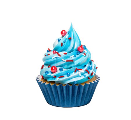 Photo for Blue buttercream birthday cupcake with red sprinkles icing isolated on a pure white background - Royalty Free Image