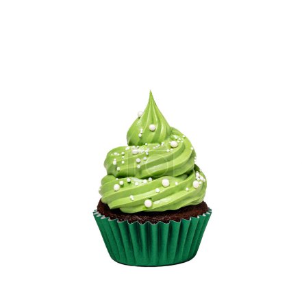 Photo for Cupcake with green buttercream icing and sprinkles isolated on a pure white background - Royalty Free Image