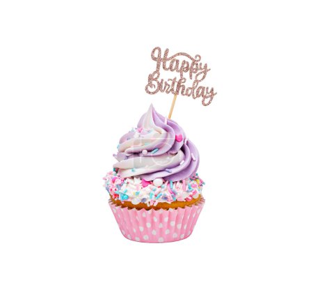 Photo for Pink and Purple cupcake with sprinkles and a happy birthday topper isolated on a pure white background. - Royalty Free Image