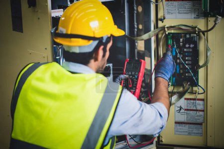 Testeur de travail d'ingénieur électrique mesurant la tension et le courant de la ligne électrique électrique dans le contrôle de l'armoire électrique pour la production industrielle.