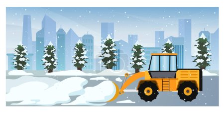 Téléchargez les illustrations : Service de camion de chasse-neige, camion de chasse-neige enlever la neige pendant l'hiver illustration vectorielle tempête, chasse-neige tracteur neige claire de la zone piétonne - en licence libre de droit