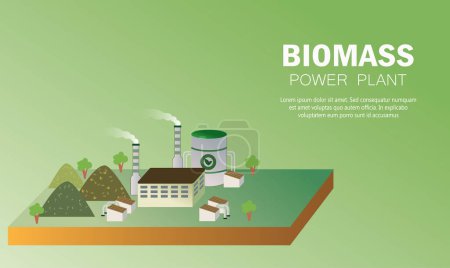 Téléchargez les illustrations : Illustration vectorielle de centrale d'énergie renouvelable de biomasse, modèle de conception de bannière de production de biocharbon, bâtiment d'usine de ferme de déchets - en licence libre de droit