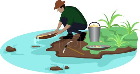 Illustration for Gold diggers wash sand in river to search of treasure in mine vector illustration,  search gold nugget in river from gold mine worker. gold mineral extraction - Royalty Free Image