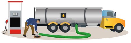 Illustration for Yellow tank truck unloading gasoline in a gas station, a tanker truck driver delivers gasoline to a gas station, gas station, gasoline oil tanker truck vector illustration, petrol - Royalty Free Image