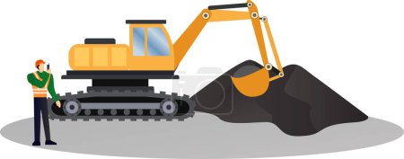 Illustration for Excavator digging coal mine in quarry area vector illustration, Mine workers arrange the transport of coal mines, A large construction excavator and construction worker, coal mining industry - Royalty Free Image