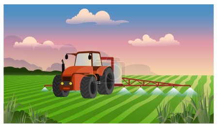 Tractor spraying pesticides on farm field with sprayer machine vector illustration, agricultural industry website concept