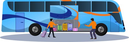 luggage compartment bus vector illustration, baggage cargo compartment of the intercity bus, bus driver and staff loading luggage into the bus trunk