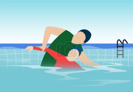 Kinderschwimmer üben Schwimmen in einem Pool mit einem Trainer, Schwimmkurs mit einer Trainer-Vektor-Illustration, lernen Schwimmen