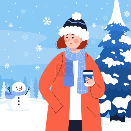 Illustration for Winter Season With Woman Holding Drink Outdoors Isolated On White Background. Vector Illustration In Flat Style - Royalty Free Image