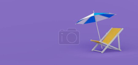 Téléchargez les photos : Concept d'heure d'été avec chaise de plage et parasol sur fond violet, rendu 3d - en image libre de droit