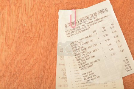 Photo for Klang, Malaysia-July 2nd, 2023: A close-up view of a sales receipt displaying purchased items. Copy space for the text. - Royalty Free Image