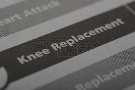Photo for Close up view of the word KNEE REPLACEMENT. A knee replacement, also known as knee arthroplasty, used to replace a damaged or diseased knee joint with an artificial joint - Royalty Free Image