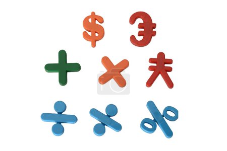 Photo for The US dollar, Japanese yen , European euro , addition , multiplication, division , and percentage symbols, along with various currency symbols and mathematical symbols - Royalty Free Image