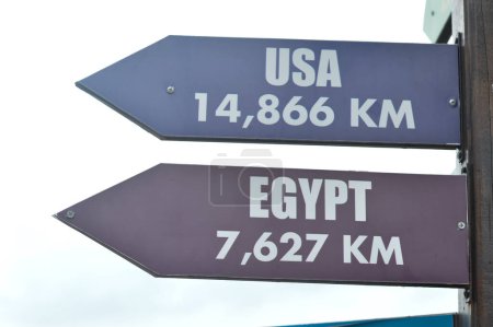 Gros plan sur les panneaux directionnels pointant vers les destinations enchanteresses de l "Égypte et des États-Unis d'Amérique