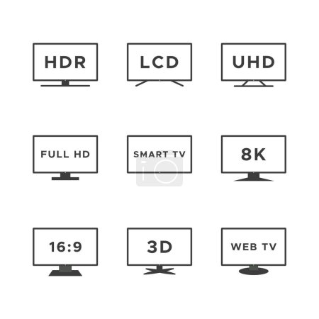 Ilustración de Conjunto de iconos de Smart TV. Pantallas de TV de línea negra aisladas sobre fondo blanco. Características de la TV Web: HDR, LCD, UHD, Full HD, 8K, 16: 9. Ilustración vectorial, diseño plano - Imagen libre de derechos