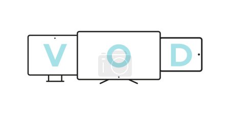 Ilustración de Iconos del dispositivo: Smart TV, computadora de escritorio y tableta. Concepto de video bajo demanda. Ilustración vectorial, diseño plano - Imagen libre de derechos