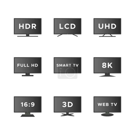 Ilustración de Conjunto de iconos de Smart TV. Pantallas de TV degradadas aisladas sobre fondo blanco. Características de la TV Web: HDR, LCD, UHD, Full HD, 8K, 16: 9. Ilustración vectorial, diseño plano - Imagen libre de derechos