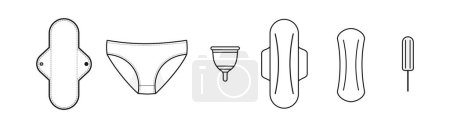 Feminine hygiene products. Classic products: sanitary pads and tampon. Sustainable products: cloth menstrual pad, period panties and menstrual cup. Black line. Vector illustration, flat design