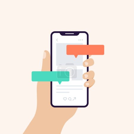 Hand holding smart phone in vertical position banner. Screen with speech bubbles and interface. Concept of chatting, user experience, comments. Vector illustration, flat design