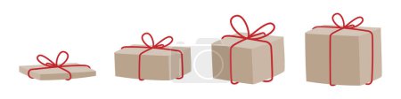 Téléchargez les illustrations : Set : paquets cadeaux emballés avec du papier kraft et arc rouge. Différentes tailles et mesures. Des cadeaux en papier brun. Illustration vectorielle, design plat - en licence libre de droit