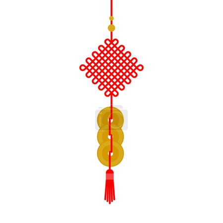 Illustration for Hanging red Chinese knots amulet. Happy Chinese New Year. Year of the rabbit. 2023. Vector illustration, flat design - Royalty Free Image