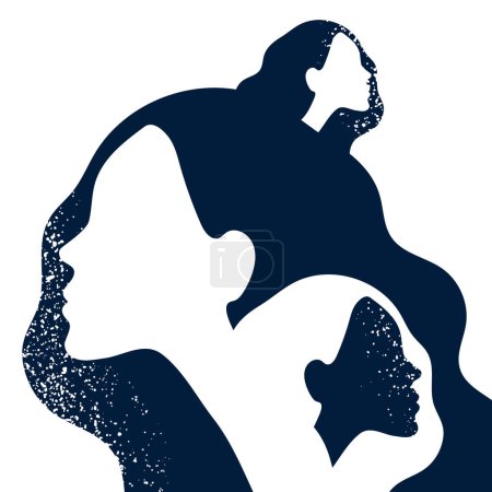 International Women's Day. March 8. Portraits of women in profile. Concept of equality, feminism, woman rights. Vector illustration, flat design