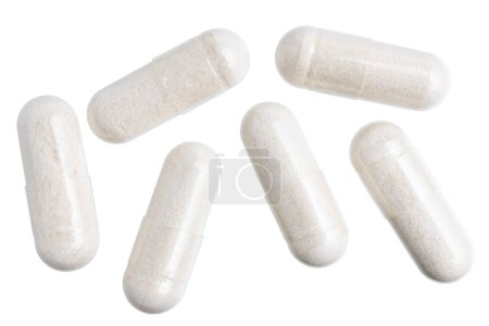 Photo for White gel medical capsules, group of vitamin supplement pills or drugs for treatment, isolated on white background, medicine and healthcare concept, top view. - Royalty Free Image