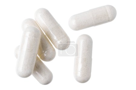 Photo for White gel medical capsules, group of vitamin supplement pills or drugs for treatment, isolated on white background, medicine and healthcare concept, top view. - Royalty Free Image