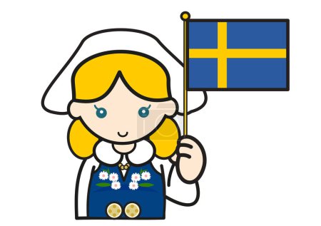 chica sueca con el desgaste tradicional tiene la bandera sueca