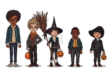 Téléchargez les photos : Fête enchanteresse d'Halloween - Groupe d'enfants célébrant en costumes colorés.vecteur illustration halloween sur fond blanc - en image libre de droit
