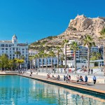 ALICANTE, SPAIN - APRIL, 2023: View of Santa Barbara Castle and seafront near Casa Carbonell