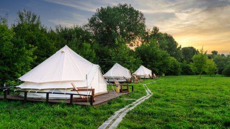Téléchargez les photos : Glamping tentes dans la nature avec herbe verte au coucher du soleil. Saison estivale - en image libre de droit