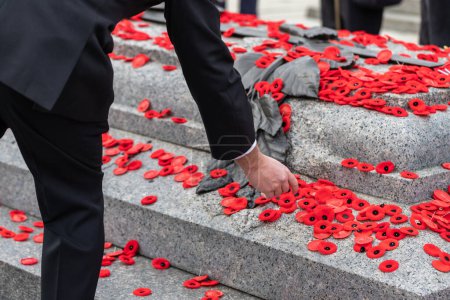 Foto de La gente puso flores de amapola en la Tumba del Soldado Desconocido en Ottawa, Canadá en el Día del Recuerdo - Imagen libre de derechos