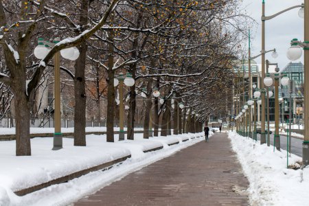 Foto de Ottawa, Canada - January 23, 2023: Sidewalk near Major's Hill Park in winter season. Road with running person in winter season. Path with snow and trees in downtown. - Imagen libre de derechos