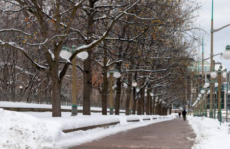 Foto de Ottawa, Canada - January 23, 2023: Sidewalk near Major's Hill Park in winter season. Road with walking people in winter season. Pathway with snow and trees in downtown. - Imagen libre de derechos