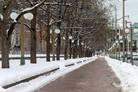 Foto de Ottawa, Canada - January 23, 2023: Sidewalk near Major's Hill Park in winter. Road with snow and trees in downtown. - Imagen libre de derechos