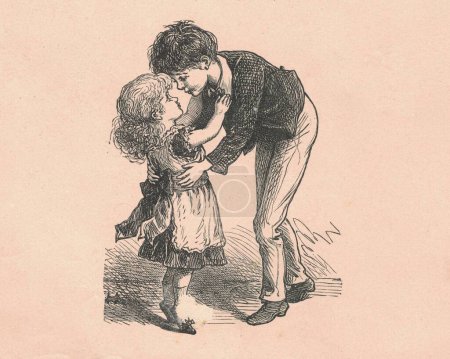 Black & white antique illustration shows two cute children (siblings). Vintage illustration shows a small girl and her older brother. Old picture from fairy tale book. Storybook illustration published 1910.