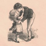 Black & white antique illustration shows two cute children (siblings). Vintage illustration shows a small girl and her older brother. Old picture from fairy tale book. Storybook illustration published 1910.