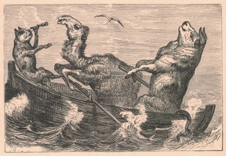 Black and white antique illustration shows animals on a boat. Vintage illustration shows a group of animals sailing on the sea. Old picture from fairy tale book. Storybook illustration published 1910. A fairy tale, fairytale, wonder tale, magic tale,