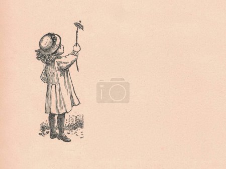 Photo for Black and white antique illustration shows a little girl wears hat. Vintage drawing shows the small girl wears female hat. Old picture from fairy tale book. Storybook illustration published 1910. A fairy tale, fairytale, wonder tale, magic tale, fair - Royalty Free Image