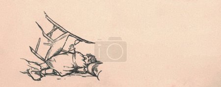 Photo for Black and white antique illustration shows a small girl falls down from a chair. Vintage drawing shows the little girl falls down from the chair. Old picture from fairy tale book. Storybook illustration published 1910. - Royalty Free Image