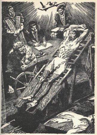 Téléchargez les photos : Chambre médiévale de torture. Étirer le corps par la torture. Illustration de Zdenek Burian. Probablement le dispositif de torture le plus connu du Moyen Âge, le rack était une plate-forme en bois, avec des rouleaux aux deux extrémités. - en image libre de droit