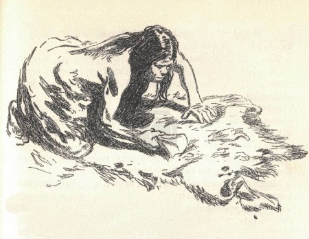 A prehistoric woman cleans the skin of an animal. Old black and white illustration. Vintage drawing. Illustration by Zdenek Burian. Zdenek Michael Frantisek Burian (11 February 1905 in Koprivnice, Moravia, Austria-Hungary 1 July 1981 in Prague, Czech