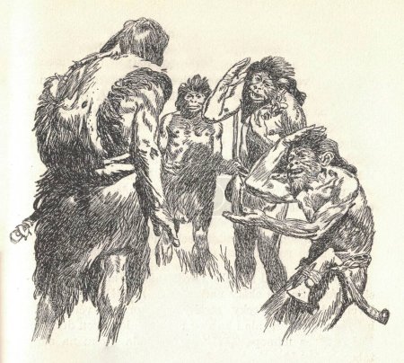 Photo for Prehistoric people. Old black and white illustration. Vintage drawing. Illustration by Zdenek Burian. Zdenek Michael Frantisek Burian (11 February 1905 in Koprivnice, Moravia, Austria-Hungary 1 July 1981 in Prague, Czechoslovakia) was a Czech painter - Royalty Free Image