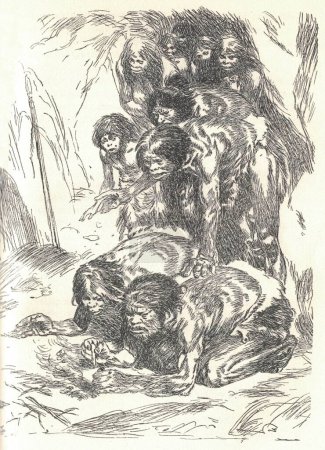 Photo for Neanderthals trying to start a fire. Depiction of a prehistoric culture. Old black and white illustration. Vintage drawing. Illustration by Zdenek Burian. Zdenek Michael Frantisek Burian (11 February 1905 in Koprivnice, Moravia, Austria-Hungary 1 Jul - Royalty Free Image