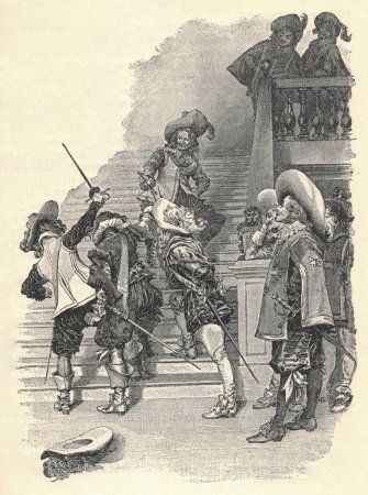 Photo for THREE MUSKETEERS. D'Artagnan, Athos, Aramis, and Porthos. Illustration from a late 19th century edition, by Alexander Dumas pere. Illustration by Maurice Leloir. - Royalty Free Image