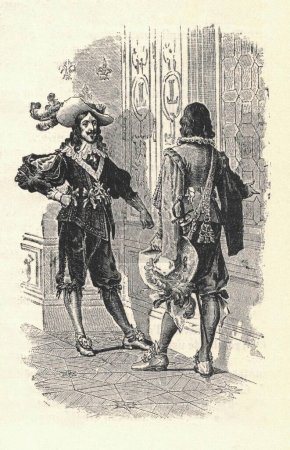Photo for THREE MUSKETEERS. D'Artagnan, Athos, Aramis, and Porthos. Illustration from a late 19th century edition, by Alexander Dumas pere. Illustration by Maurice Leloir. - Royalty Free Image