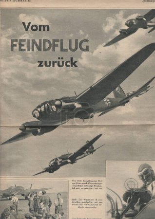 Photo for HAMBURG, GERMANY - 1939: Reproduction of magazine page shows pictures from Nazi Germany. Pilots and airplanes of Luftwaffe. - Royalty Free Image